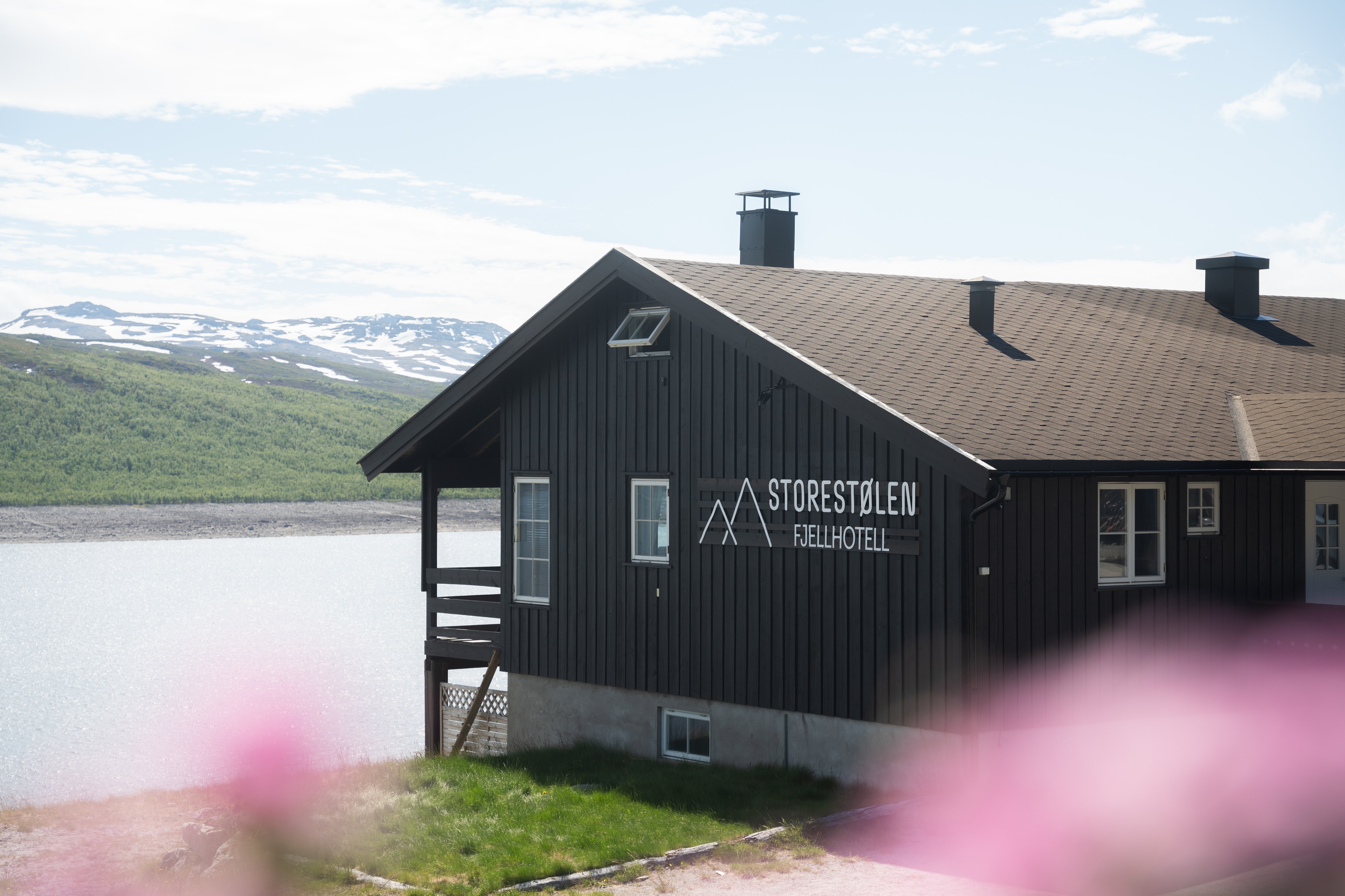 Storestølen Fjellhotell i bakgrunnen i med blomster