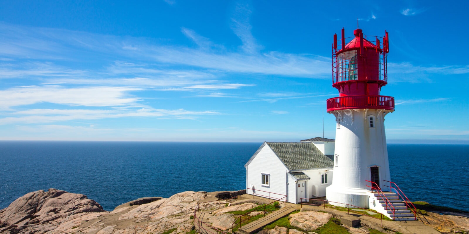 Rødt og hvitt fyrtårn i sol mot blå himmel – Lindesnes Fyr hos Tilbring i Agder.