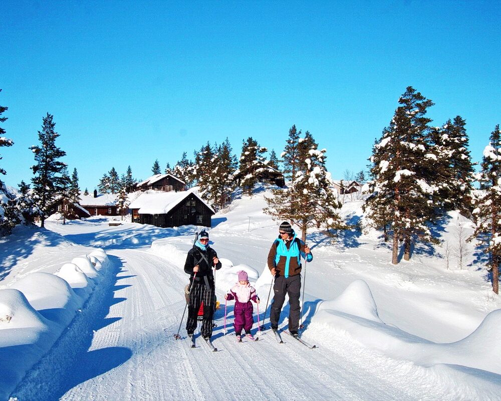 Familie på ski i løypa mellom hyttene på Bortelid en vinterdag – Agderferie hos Tilbring i Agder.